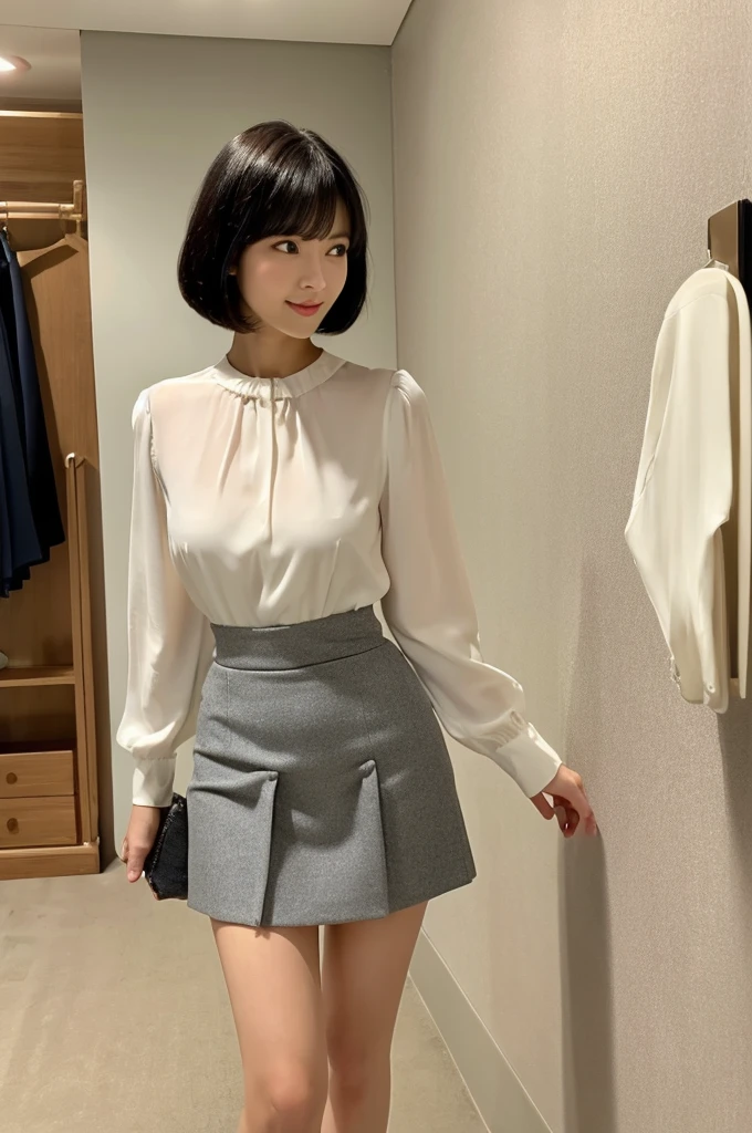 Suit, backstage at studio, talent agency manager,((full body)),((photo)),((best qualtiy, 8K, tmasterpiece:1.3)), Focus:1.2, perfect figure beautiful girl:1.4,1girl,cowboy shot,look at viewer,incredibly absurd, beautiful and cute girl with a photorealistic face, showcasing top-quality craftsmanship, Japanese woman standing in the dressing room for a commercial shoot, 20 years old, shoulder-length bob cut, thick, straight black hair with bangs, shiny black hair, large eyes, round face, long eyelashes, soft smile, thin eyebrows, small nose, glossy lips, smooth skin, fair skin, fine-grained skin, tall, slender figure, well-balanced proportions, delicate limbs, small B-cup breasts, white blouse, black tight skirt, heeled pumps, watch, earrings, pretty older woman, beautiful, neat, fashionable, cheerful, positive, curious, sociable, responsible, highly trusted by those around her, October
