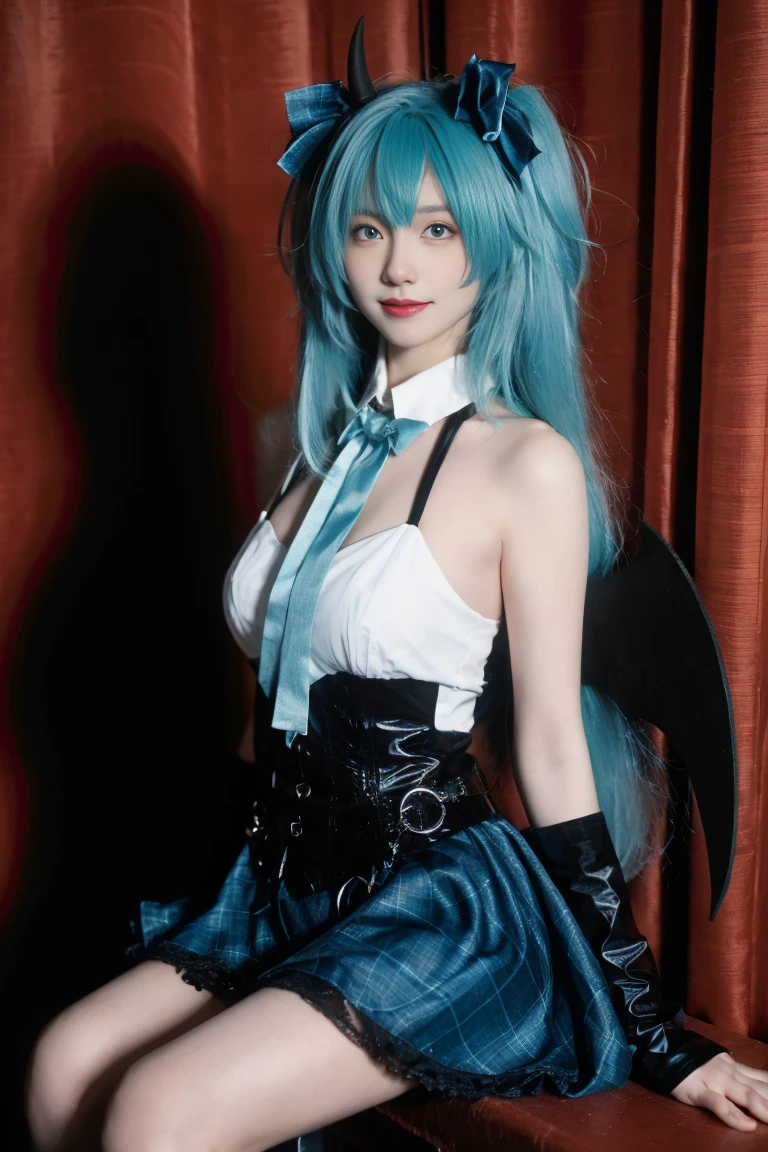 best quality, tmasterpiece,Ultra-high resolution,Clear face,（Reality：1.4），ferpect lighting，(upper body shot:1.5), (photorealistic:1.50), anime wallpaper, Guviz style artwork, cover-up fantasy up to magic , by Yang J, Guviz, beautiful artwork illustration, beautiful digital artwork, beautiful digital illustration, Li Song, beautiful anime portrait, art style in Beauvot, 1girl, 独奏, looking at viewer, smile, standing, full body, arms at side, hatsune miku cosplay costume, hatsune miku, cosplay, aqua hair, very long hair, twintails, shirt, corset, skirt, plaid skirt, detached collar, detached sleeves, arm warmers, bowtie, bow, horns, demon horns, demon wings, demon tail, ribbon, o-ring, chain, thigh strap, hair ribbon, hair bow, thighhighs, torn thighhighs, knee boots, belt boots, platform boots, Curtain background, indoor, sitting,