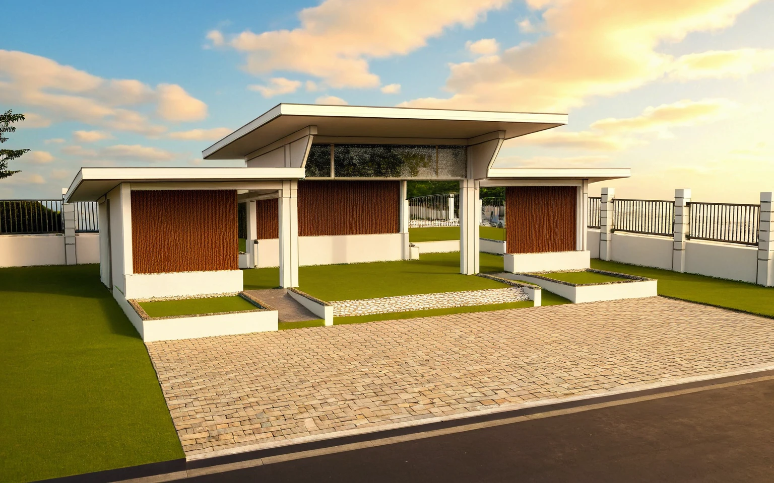Masterpiece, high quality, best quality, authentic, super detail, outdoors, huts style neoclassic, bietthuhn, white wall, gate road, pavement, grass, trees, blue sky, sunset, cloud, (day:1.1), realistic lighting