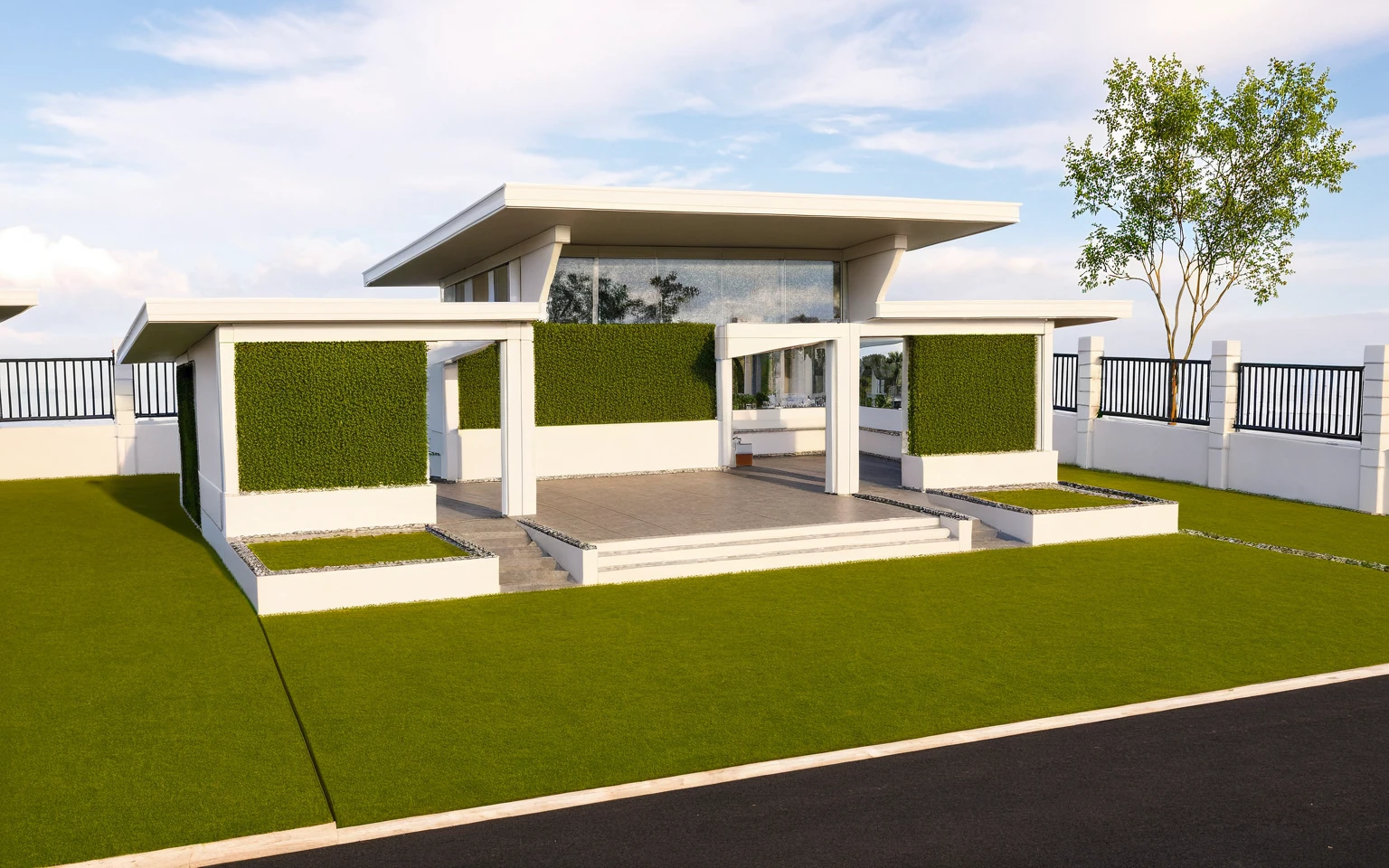 Masterpiece, high quality, best quality, authentic, super detail, outdoors, huts style neoclassic, bietthuhn, white wall, gate road, pavement, grass, trees, blue sky, sunset, cloud, (day:1.1), realistic lighting