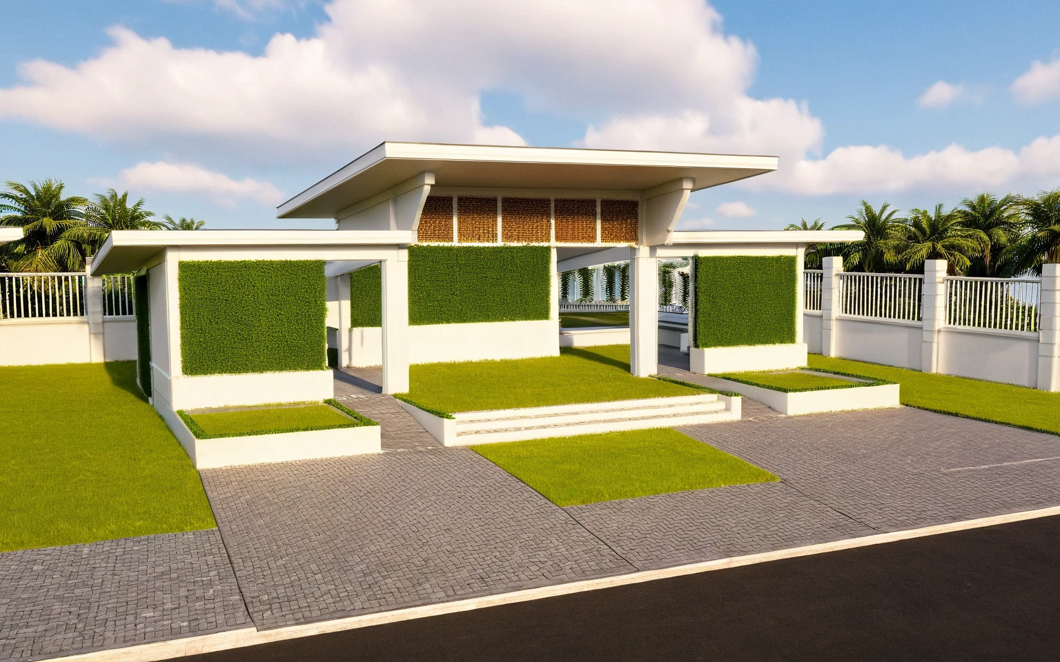 Masterpiece, high quality, best quality, authentic, super detail, outdoors, huts style neoclassic, bietthuhn, white wall, gate road, pavement, grass, trees, blue sky, sunset, cloud, (day:1.1), realistic lighting