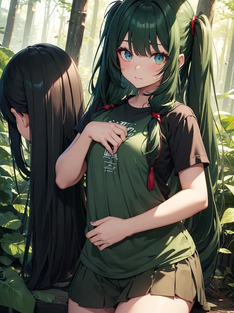 midnight forest view, solo, 1 girl, yo, highscirl, short sleeve, holding zaghnol, dark green hair, twintails, red eyes, (beautiful face and beautiful eyes:1.36), plump body