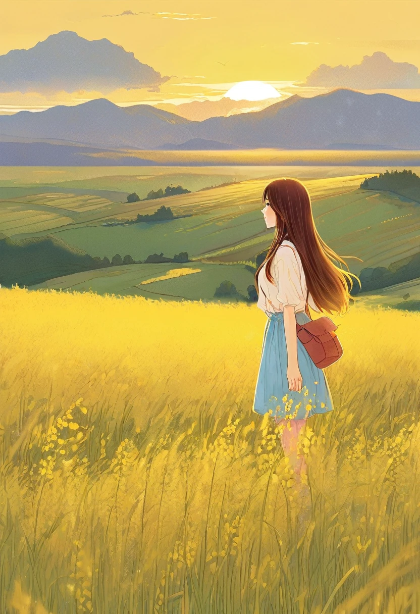a beautiful woman with long hair was looking at the sunset in a yellow meadow, manga style, cover illustration, 70mm, 7 0 mm, 70 mm, book cover illustration,