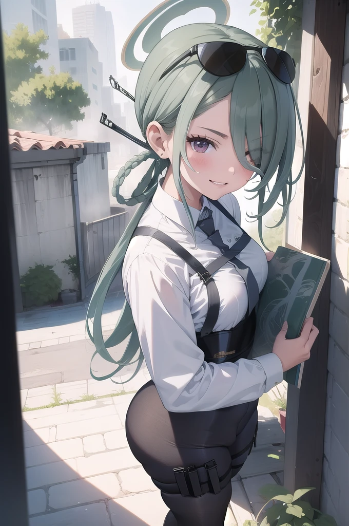 (masterpiece:1.3), (absurdres:1.3), (best quality:1.3), (ultra-detailed:1.3), 1girl, looking at viewer, full body, smile, outdoors, minaid, halo, white shirt, hair over one eyes, green necktie, black pantyhose, thigh strap, 