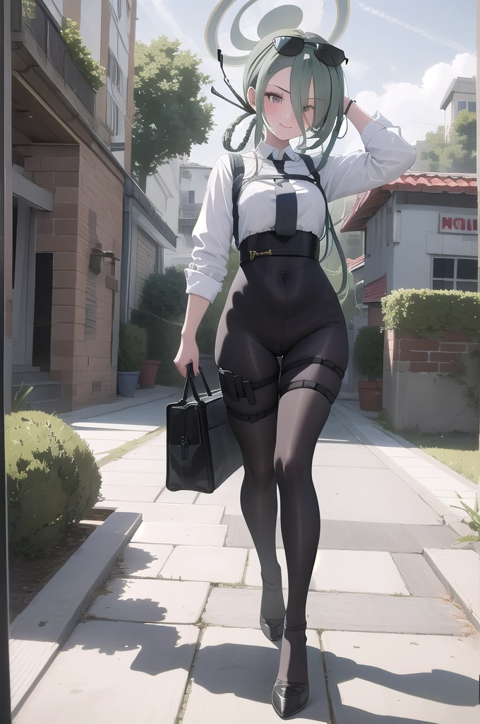 (masterpiece:1.3), (absurdres:1.3), (best quality:1.3), (ultra-detailed:1.3), 1girl, looking at viewer, full body, smile, outdoors, minaid, halo, white shirt, hair over one eyes, green necktie, black pantyhose, thigh strap, 