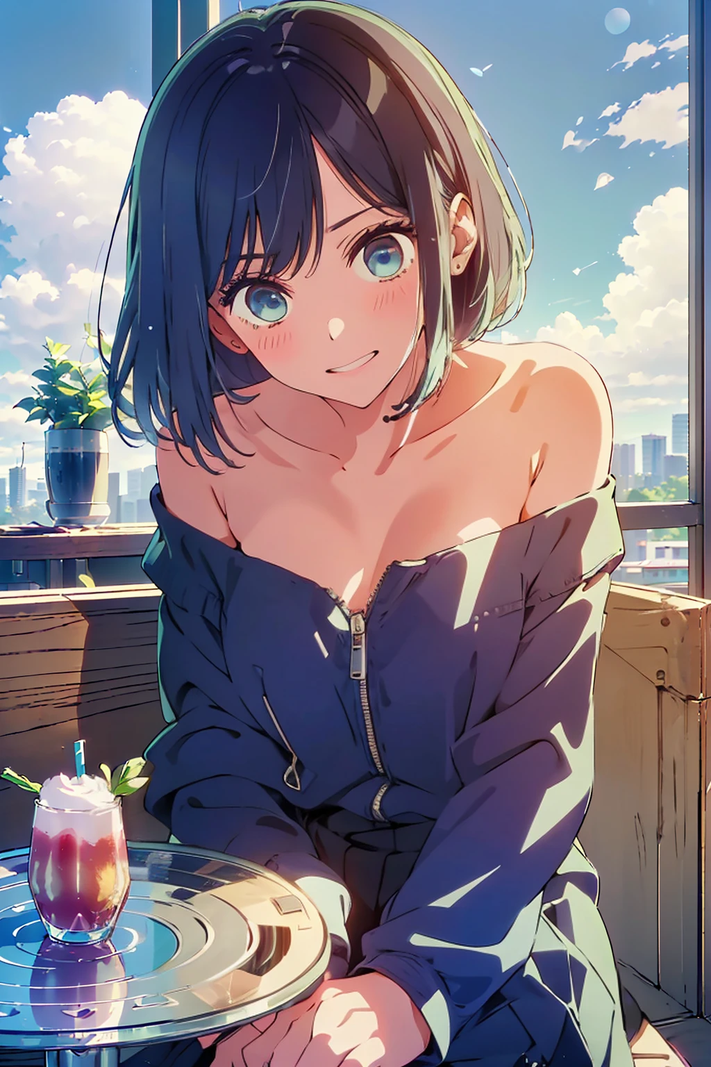 (Highest quality:1.4、8K:1.4、detailed)、F cup bust、Big Breasts、Slim body、Very white beautiful skin、((((1 person、smile、Surprised expression、sit、Chair、In the background are the urban buildings of Tokyo、looking at the camera、Indoor cafe terrace、Navy hair color、Straight Long Hair、juice、Shooting up close、Shooting from an angle、table、Very cute face))))、((((nude、Areola))))、(Pose with hair tucked behind ears with both hands:1.4)、(((Off-the-shoulder zippered outerwear)))、Nipples、Very blue sky、A completely cloudless sky