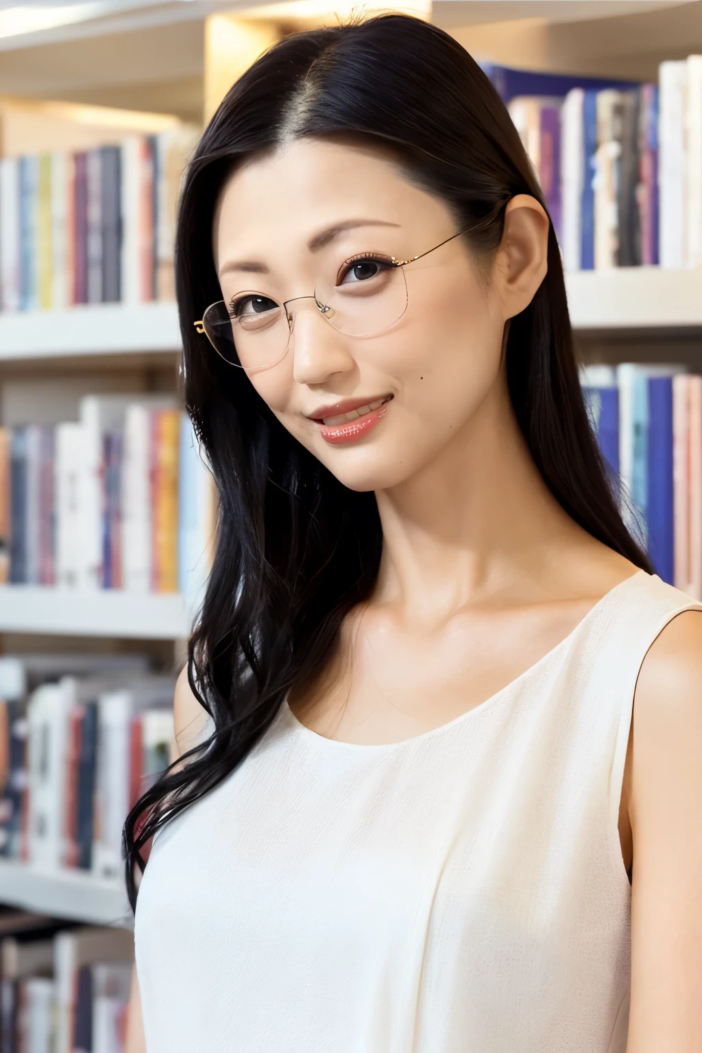 (Highest quality、Tabletop、8K、Award-winning works、Ultra-high resolution、Best image quality)、One beautiful woman、(The perfect sleeveless white open collar blouse:1.3)、(Open chest:1.2)、(Cleavage:1.2)、(Elegant round glasses:1.2)、library、(Standing Elegantly:1.1)、(Strongly blurred background:1.1)、Stand next to a bookshelf、(Perfectly organized bookshelf:1.1)、Bookshelf in the background、居心地の良いlibrary、lipstick、Long eyelashes、Perfect Makeup、Emphasize lines、soft and warm lighting、Detailed bookshelf、(Ultra-high resolutionの正確な美しい髪:1.1)、(Accurate anatomy:1.2)、Ultra-high definition beautiful eyes、(Super bright and radiant skin:1.1)、(Face close-up:1.1)、(Staring at me with a cold, blank look:1.2)