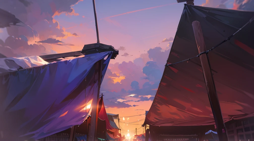 (under tarp canopy, wooden pole, under the market tents, under the canopies), wire, buildings roofs farr away, low angle, dawn sky, early morning,