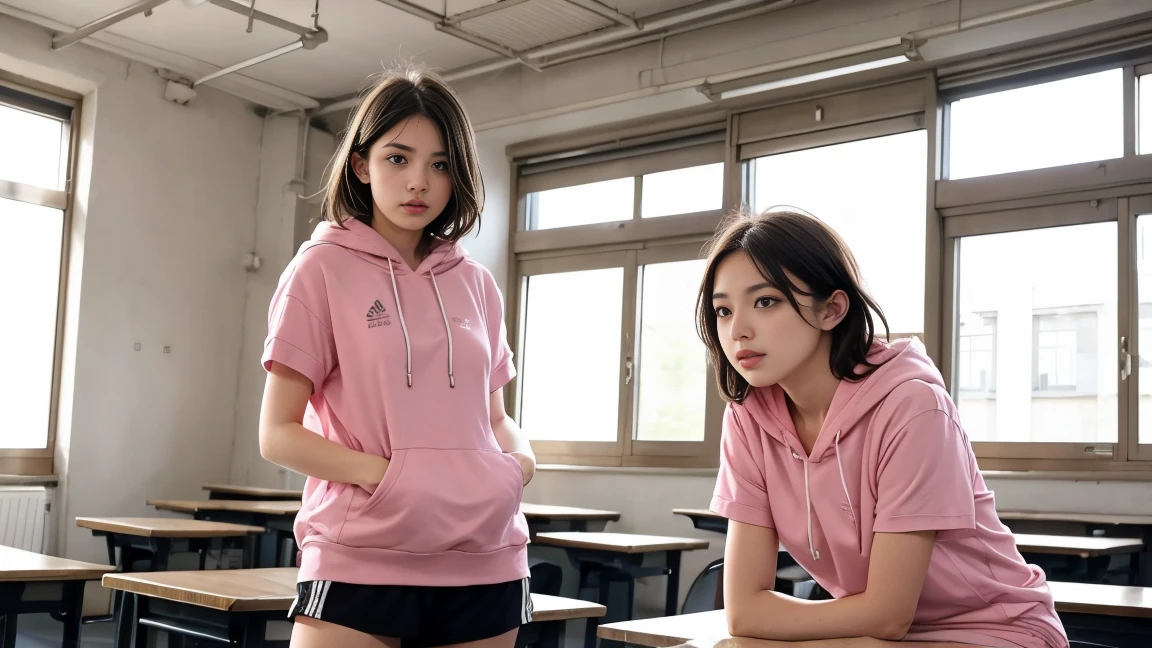 deux femmes ensemble de 18 ans sexy et mince , pink short sleeve hoodie , salle de classe, se touche,position sey,sensuel