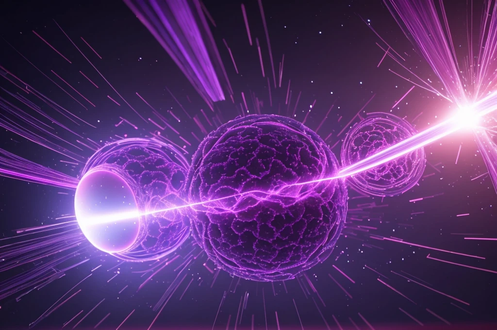 A round bacterium breaks apart，Image of a beam of light coming out of bacteria，Purple，Octane Rendering，C4D，HD