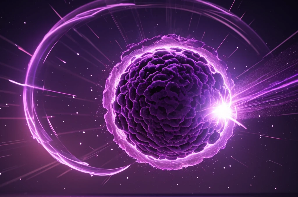 A round bacterium breaks apart，Image of a beam of light coming out of bacteria，Purple，Octane Rendering，C4D，HD