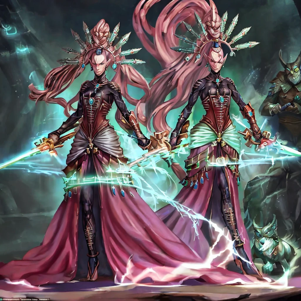 Yvraine, an elegant and formidable Aeldari warrior, dressed in her rune-adorned robe, wielding the sword Kha-vir, surrounded by a luminous and ethereal aura. Beside her, the Visarch, a towering warrior in ceremite armor, brandishing his cruel sword Asu-var, in a protective and battle-ready stance. The scene is set on a futuristic battlefield, with debris and flashes of dark and bright energy around.
