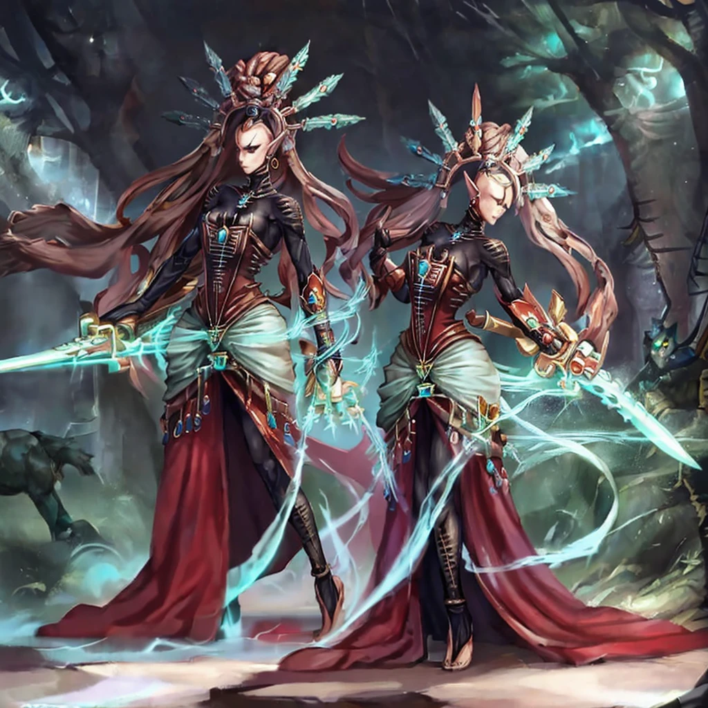 Yvraine, an elegant and formidable Aeldari warrior, dressed in her rune-adorned robe, wielding the sword Kha-vir, surrounded by a luminous and ethereal aura. Beside her, the Visarch, a towering warrior in ceremite armor, brandishing his cruel sword Asu-var, in a protective and battle-ready stance. The scene is set on a futuristic battlefield, with debris and flashes of dark and bright energy around.
