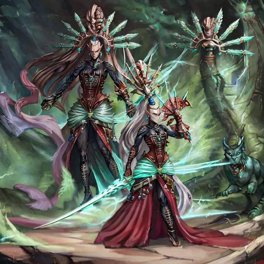 Yvraine, an elegant and formidable Aeldari warrior, dressed in her rune-adorned robe, wielding the sword Kha-vir, surrounded by a luminous and ethereal aura. Beside her, the Visarch, a towering warrior in ceremite armor, brandishing his cruel sword Asu-var, in a protective and battle-ready stance. The scene is set on a futuristic battlefield, with debris and flashes of dark and bright energy around.
