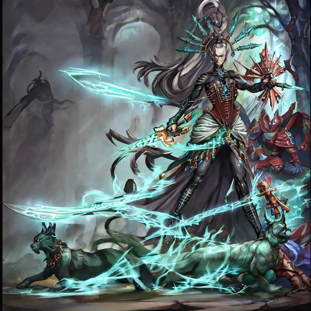 Yvraine, an elegant and formidable Aeldari warrior, dressed in her rune-adorned robe, wielding the sword Kha-vir, surrounded by a luminous and ethereal aura. Beside her, the Visarch, a towering warrior in ceremite armor, brandishing his cruel sword Asu-var, in a protective and battle-ready stance. The scene is set on a futuristic battlefield, with debris and flashes of dark and bright energy around.
