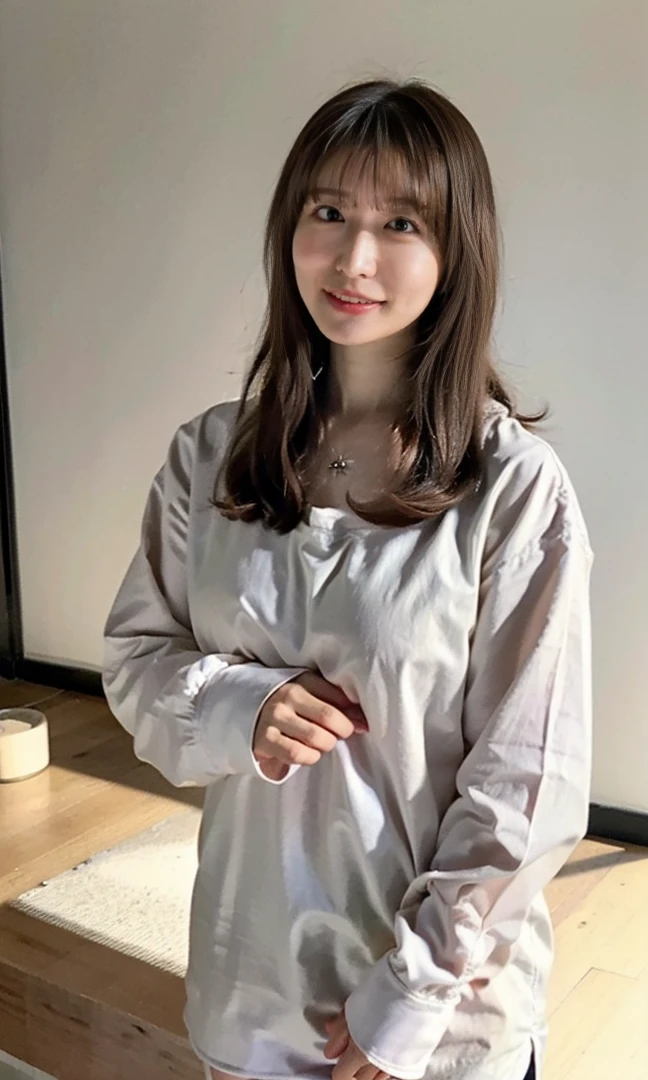 (((Shoulder-length hair:1.4))).((Silk collared shirt、Are standing、Medium Hair、服の上からでもわかるBig Breasts、Both hands are in front of the belly button、A photo of panties visible through a short polo shirt、Roll up your shirt with your hands、She is wearing a white polo shirt and luxurious white panties.、:1.4))、In the living room、Cream Hair Color、Her huge breasts are obvious even through her clothes...、Small earrings、Light brown hair color、:1.4））、Shiny Hair、Light beige hair color、Background Blur、Light brown hair、｛｛Cowgirl Shot｝｝、（（Close-up shot from the waist up、Big Breasts:1.4））、Big Breasts、にっこりsmile、服からでも分かるBig Breasts、Cowboy Shot、素敵なsmile、（（Revealing clothing））、Full body photo、ring、Tuck your hair behind one ear、Silver Necklace、smile、Caustics、Highly detailed photos、Big Breasts、Super no makeup、(8K、RAW Photos、Highest quality、masterpiece:1.2)、(Realistic、Realistic)、1 Girl、((Big Breastsショートヘア、Looking into the camera:1.4))、Hair blowing in the wind
