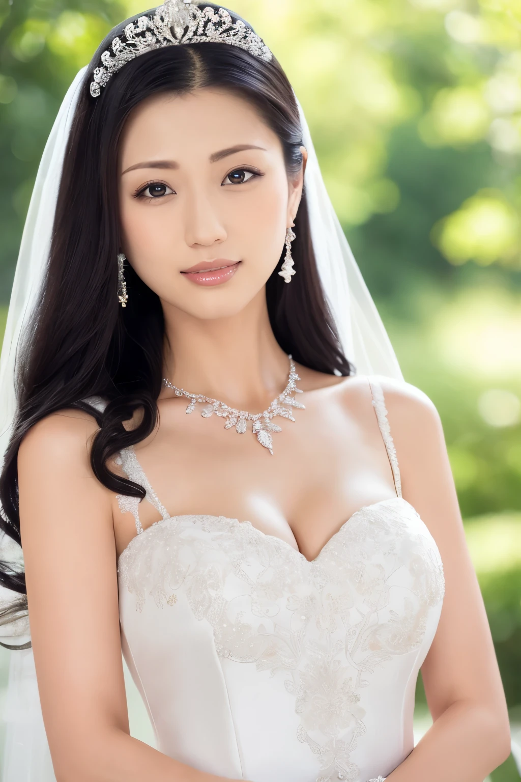 (Highest quality、Tabletop、8k、Best image quality、Award-winning works)、Beautiful Bride、(alone:1.1)、(The most extravagant and gorgeous huge pure white wedding dress:1.2)、(Perfect Wedding Lace:1.2)、(The most gorgeous and luxurious giant tiara:1.3)、(The most extravagant and luxurious giant necklace:1.3)、(Have a luxurious bouquet:1.3)、The finest jewellery decoration、Perfect Makeup、Long eyelashes、Ultra HD Shining Eyes、Ultra HD Hair、Ultra-high resolution glossy lips、Super high resolution beautiful face、(Accurate anatomy:1.1)、Very bright and beautiful skin、very bright and vivid、(Perfect Bridal Hairstyles:1.3)、(Front facing body:1.1)、(The most refreshing and beautiful forest background:1.1)、(Small cleavage:1.1)、(Perfect beautiful bridal photos:1.1)、(An ennui look:1.2)、(Face close-up:1.1)