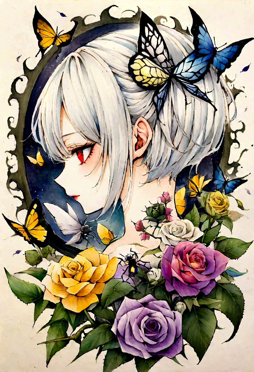 （vampire、tooth、Red Eyes、Bat:1.5）、One girl, animal, explosion, bee, 黒いflower, Black Rose, Blue Butterfly, Blue rose, bug, butterfly, butterfly hair ornament, 手元にbutterfly, flower, Green flower, Gray background, holding flower, leaf, Pink flower, Pink Roses, Portraiture, profile, Purple flower, Purple Rose, red flower, Red Rose, Rose, Rose print, silk, alone, Spider, Spider web, Menu preference, desire., tattoo, Thorn, Traditional Media, White butterfly, white flower, White Rose, Yellow butterfly, Yellow flower, Yellow Rose, short hair, shirt,