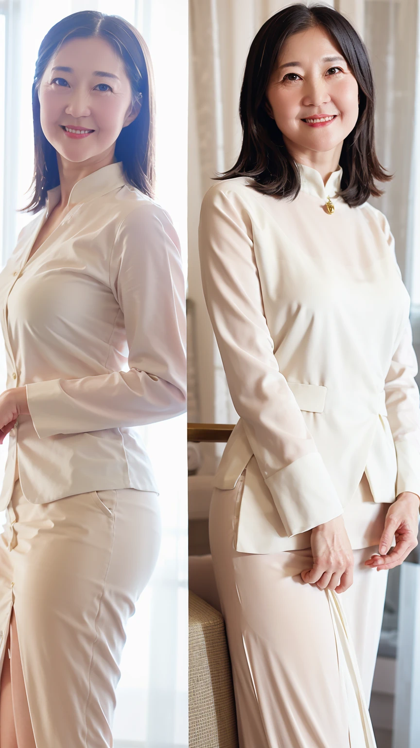 60-year-old female, Soft headlight,High-density imaging,(Clean and delicate face),((White suit)),((Various dynamic poses)),((((Half-length photo)))),((White curtains in the background)),best quality,masterpiece,(Soft colors:1.2)