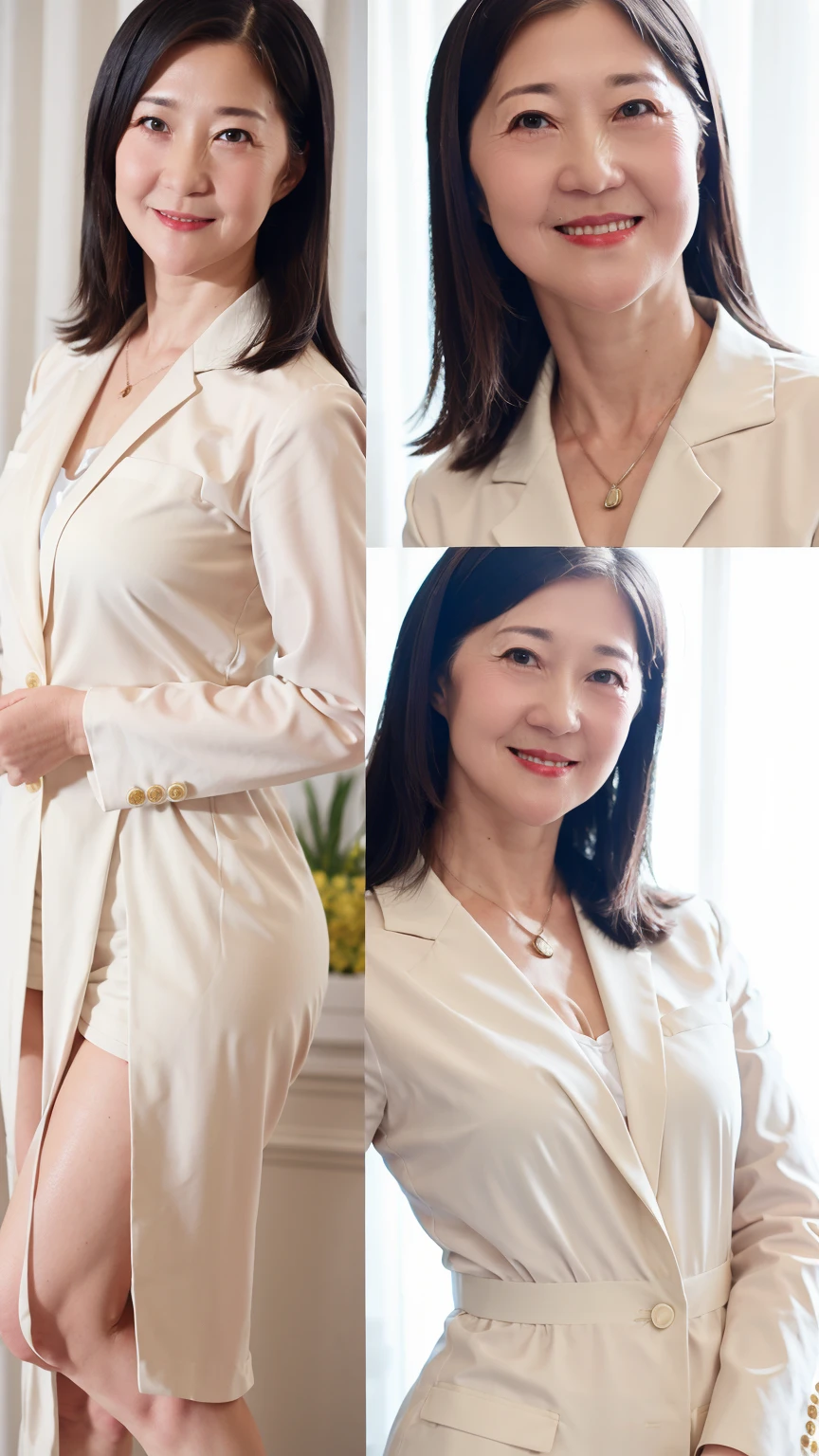 60-year-old female, Soft headlight,High-density imaging,(Clean and delicate face),((White suit)),((Various dynamic poses)),((((Half-length photo)))),((White curtains in the background)),best quality,masterpiece,(Soft colors:1.2)
