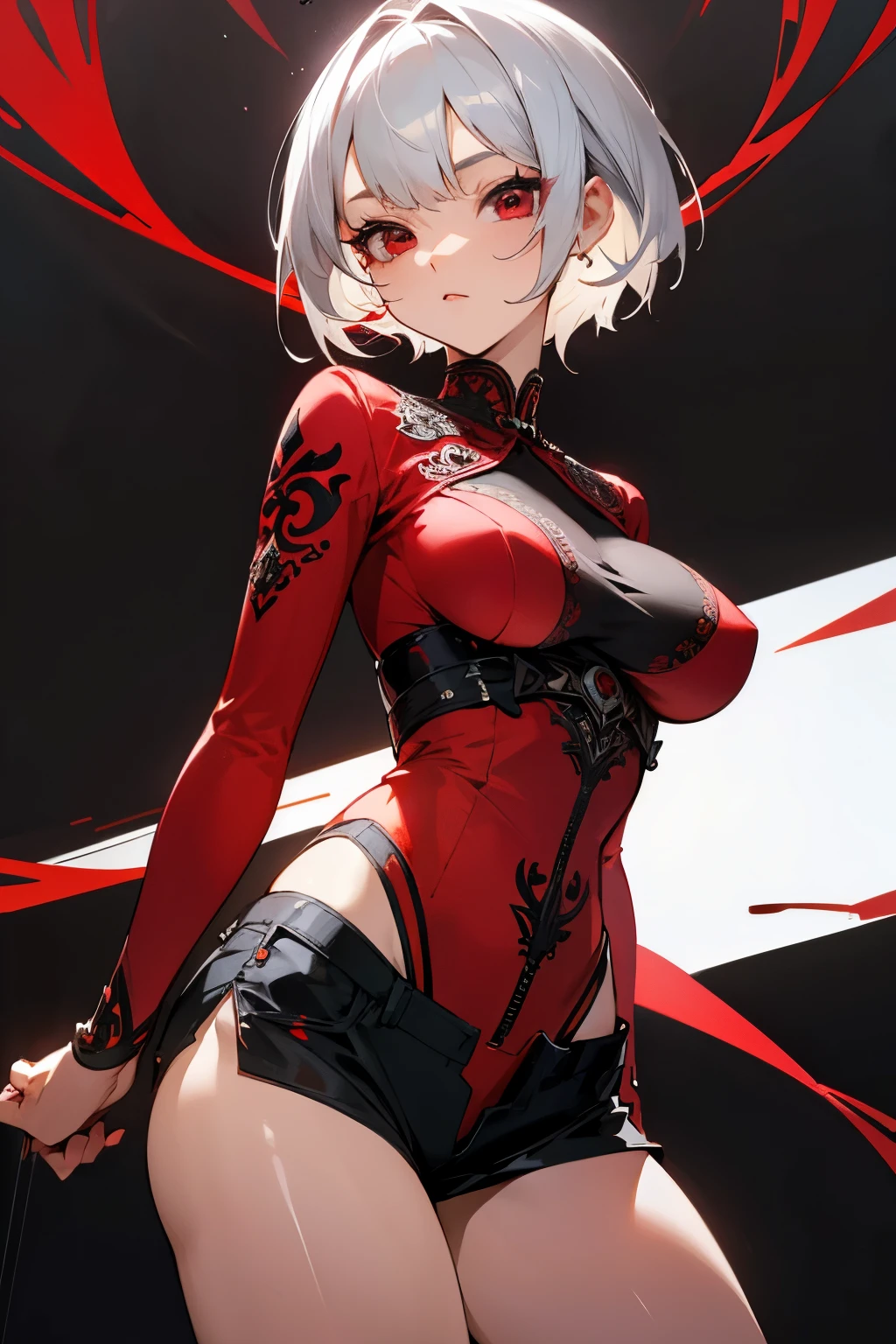Cute girl, short silver hair, red eyes, tight red clothes, beautiful, intricate and delicate black decorations on clothes, big breasts, short shorts