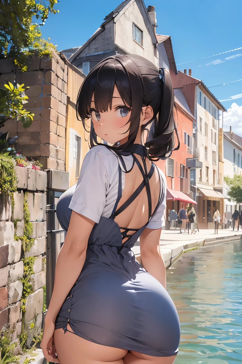 a girl with a big butt and wide hips, her butt is visible in her dress, your ass is big and beautiful and perfect.