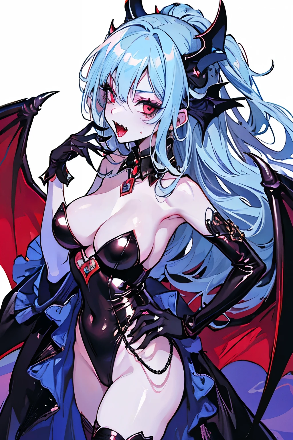 best quality, very aesthetic, ultra-detailed, best illustration, nsfw, 25 years old, devil girl, horns, (blue skin, shiny skin:1.05), Myosotis, fangs, bat wings, black costume, ominous, armpit focus, show both detailed armpits, BREAK  (cowboy_shot:1.3), milf, in heat, naughty face, open mouth, portrait,