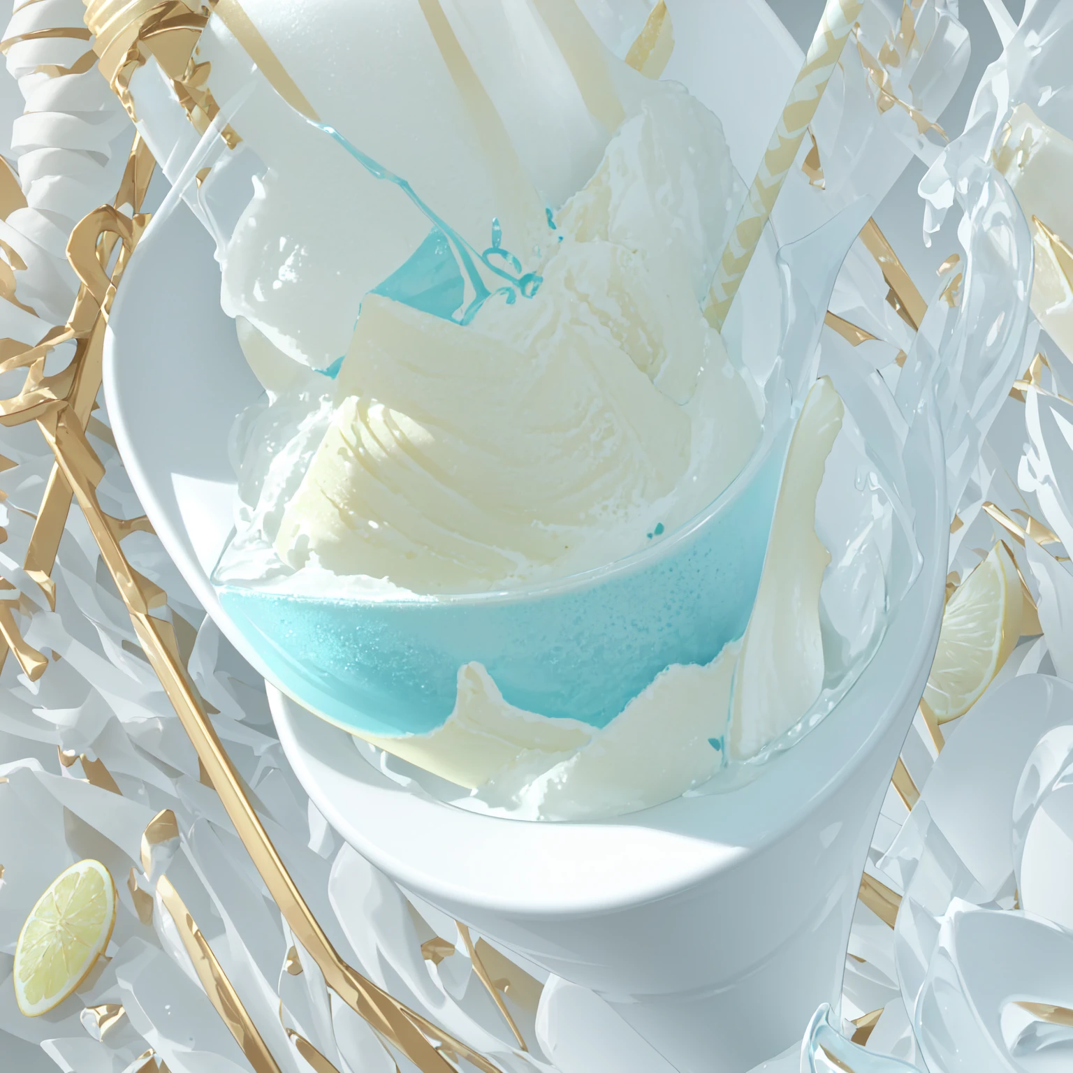 there is a cup of ice cream with a straw and a stick, 🍸🍋, milkshake, ice cream, Hidden cup, Elf Art, Stylized 3D, Colored milk tea, High-quality local rendering, Soft and cute slime, Designed in Blender, Stylized pbr, ice cream cone, 🐿🍸🍋, ice cream on the side