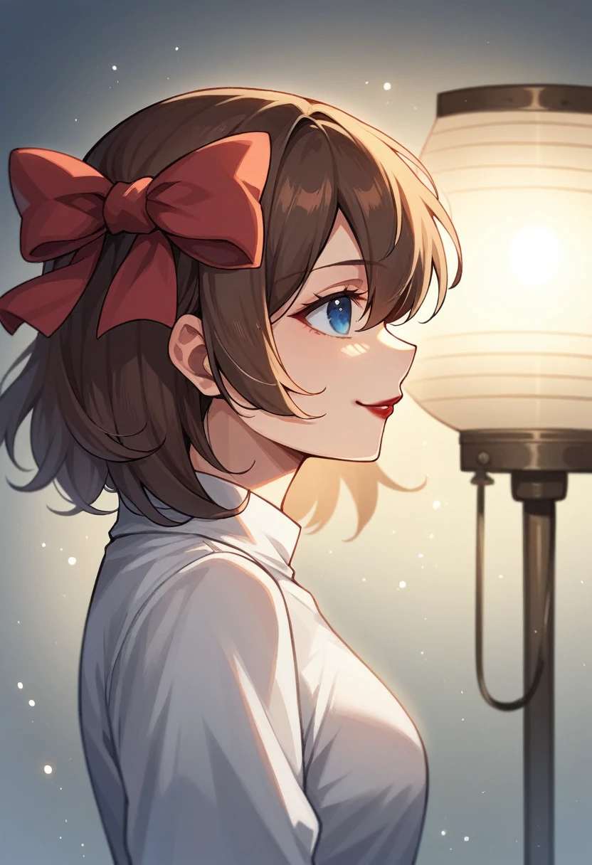(Very delicate and beautiful: 1.2), 1 girl, smooth, blue eyes, blur, blur background, bow, brown hair, shut your mouth, side view, hair between the eyes, hair bow, lamp, light particles, long sleeve, look at the audience, medium hair, nighttime, red bow, alone, star(mark), upper body, smile, red lips