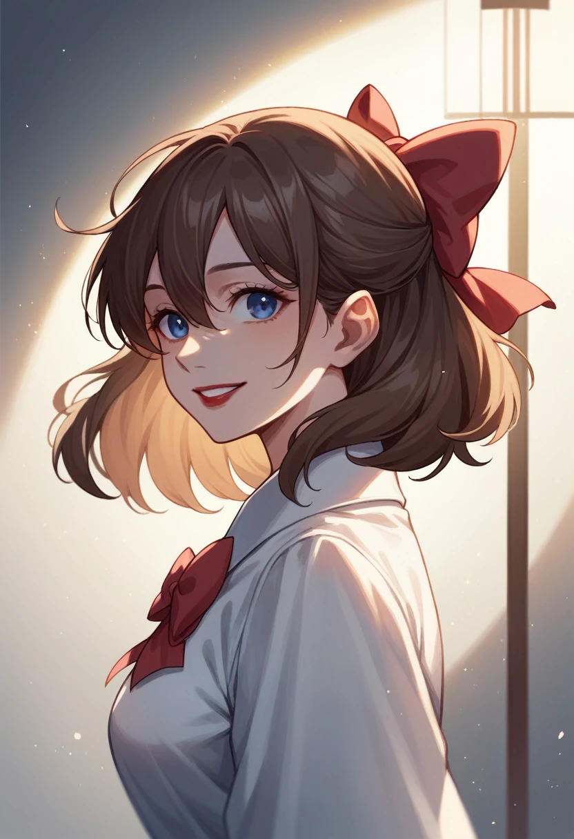 (Very delicate and beautiful: 1.2), 1 girl, smooth, blue eyes, blur, blur background, bow, brown hair, shut your mouth, side view, hair between the eyes, hair bow, lamp, light particles, long sleeve, look at the audience, medium hair, nighttime, red bow, alone, star(mark), upper body, smile, red lips