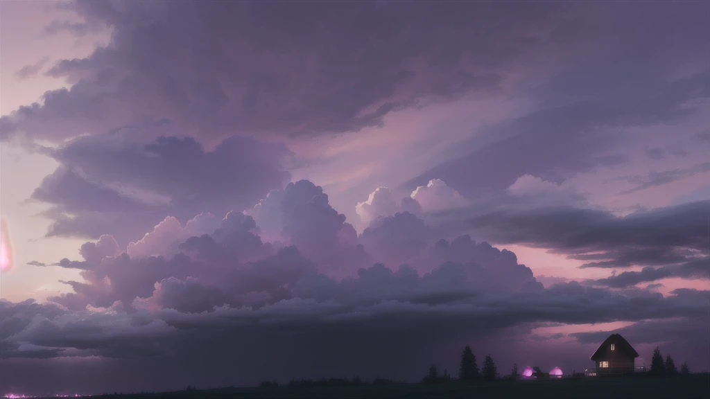 The picture is brighter,a dramatic sky with large dark purple clouds, pink stormy clouds, a mysterious purple color palette, a beautiful purple sky with dramatic pink cloud formations, a dramatic sky with a small warm-lit wooden cabin in the foreground, an evening thunderstorm with a purple and pink colored sky, a moody and atmospheric sky with ominous dark purple and pink clouds, a cinematic sky scene with a small cozy cabin illuminated in the bottom right corner