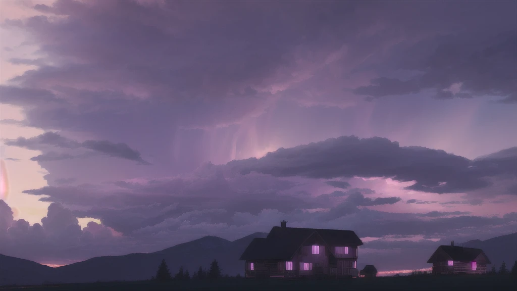 The picture is brighter，a dramatic sky with large dark purple clouds, pink stormy clouds, a mysterious purple color palette, a beautiful purple sky with dramatic pink cloud formations, a dramatic sky with a small warm-lit wooden cabin in the foreground, an evening thunderstorm with a purple and pink colored sky, a moody and atmospheric sky with ominous dark purple and pink clouds, a cinematic sky scene with a small cozy cabin illuminated in the bottom right corner