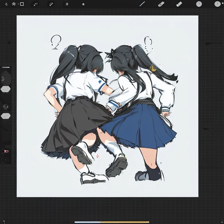 a close up of a drawing of two women in school uniforms, dancing with each other, Hug her knees., Twintail, flat style anime shading, anime poses, flat style anime, sisters, in anime style, in anime style, Cell - Shaded Art Style, Very anime style, only anime style, Zumidraws, They're fighting so much rage., two women