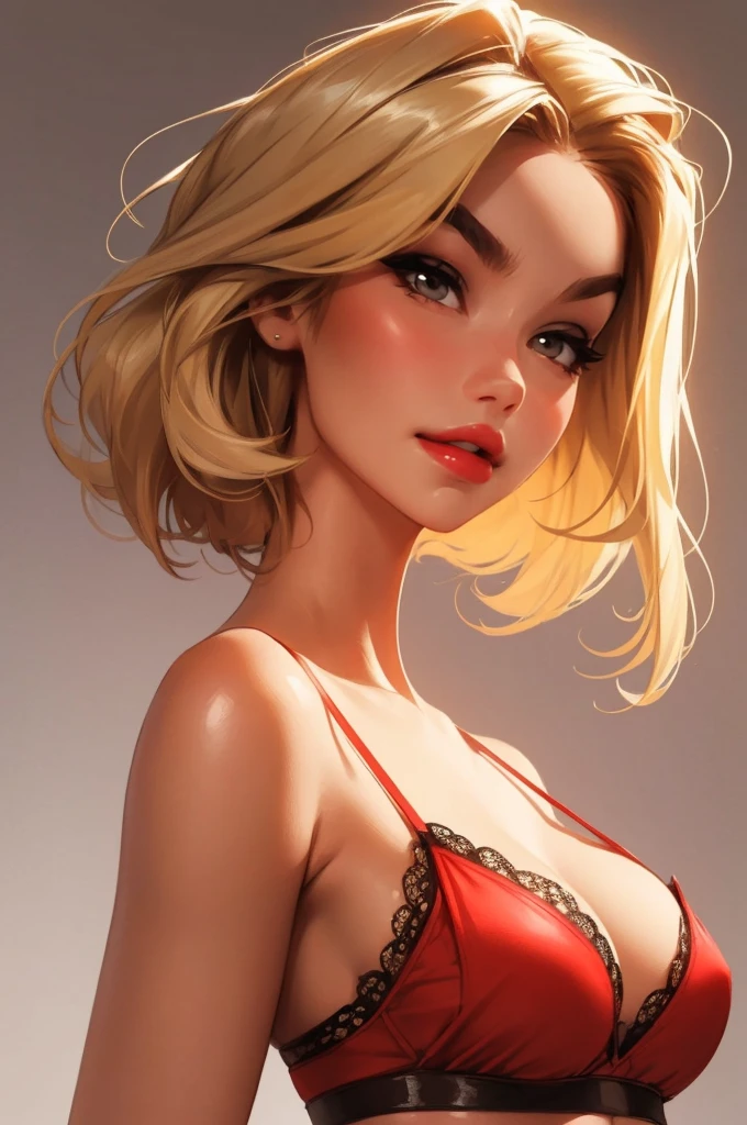 1girl,a beautiful fashion model ,(masterpiece, detailed background, best quality),short and shiny hair, light blomde hair with blonde highlights,smirk,juicy lips,red lips, calmart, lingerie, stripping, elegant makeup, (girl cocking her eyebrow)