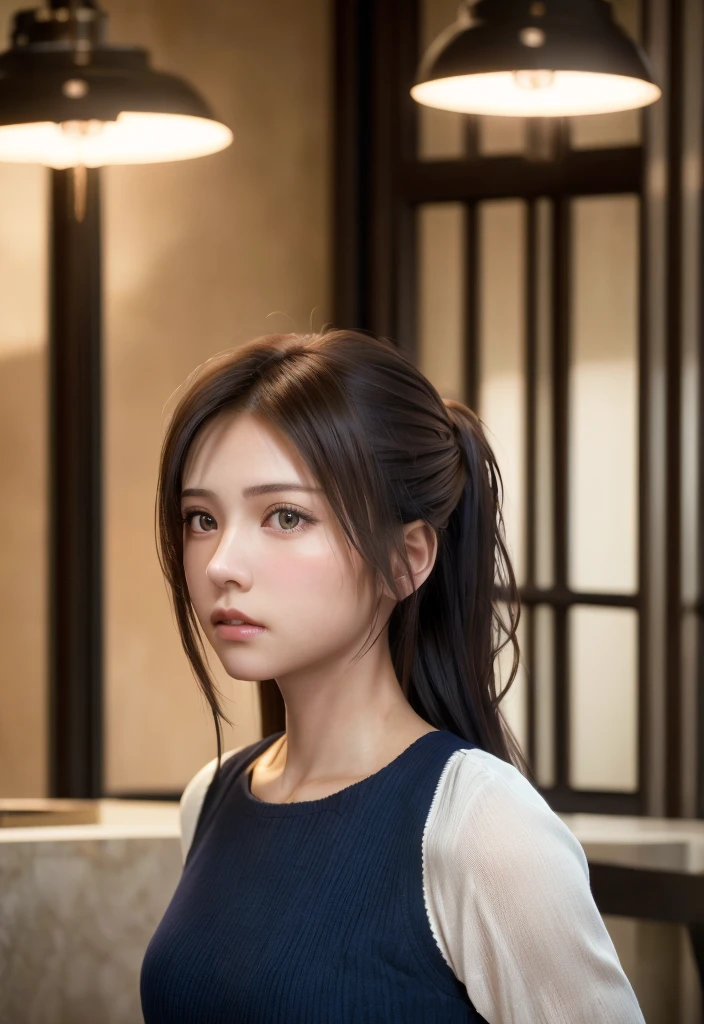 8K, of the highest quality, masutepiece:1.2), (Realistic, Photorealsitic:1.37), of the highest quality, masutepiece, Beautiful young woman, Pensive expression, Thoughtful look, Dressed as a female doctor, Hair tied back, Messy mood, Cinematic background, Tired, Light skin tone