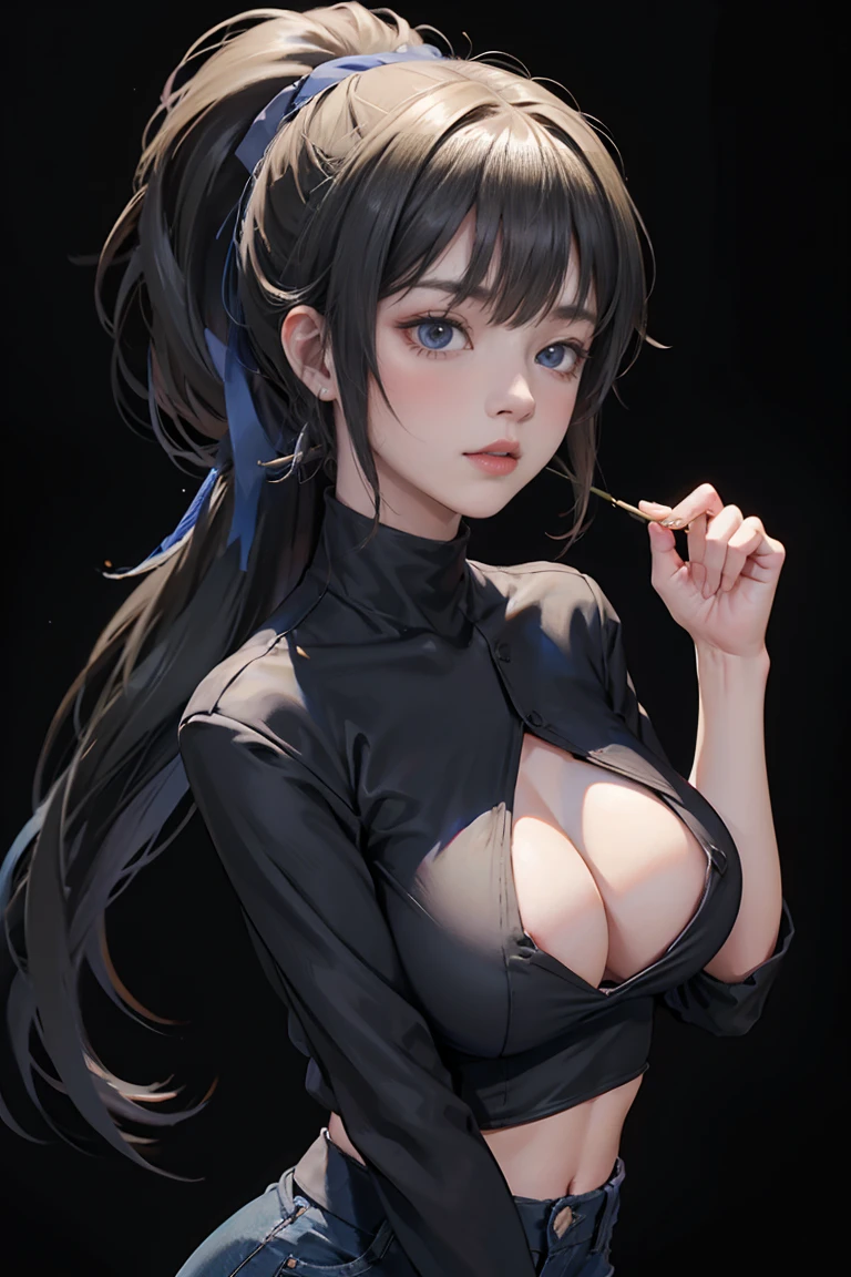 huge breasts , ,ponytail , black background , face pov , Blue skinny jeans , White Crop Tea , portrait , face