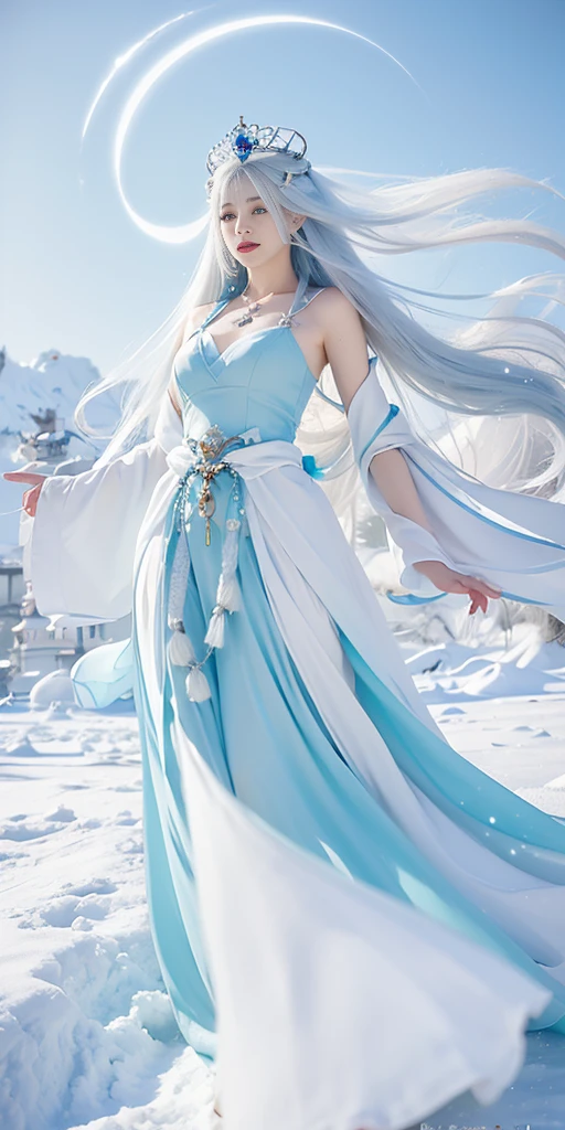 a girl with long white hair and a blue dress in the snow, white haired deity, white hair floating in air, fantasy illustration, flowing white hair, beautiful young wind spirit, beautiful fantasy anime, glowing flowing hair, ethereal, beautiful anime artwork, beautiful digital artwork, fantasy artwork, ((a beautiful fantasy empress)), 2. 5 d cgi anime fantasy artwork