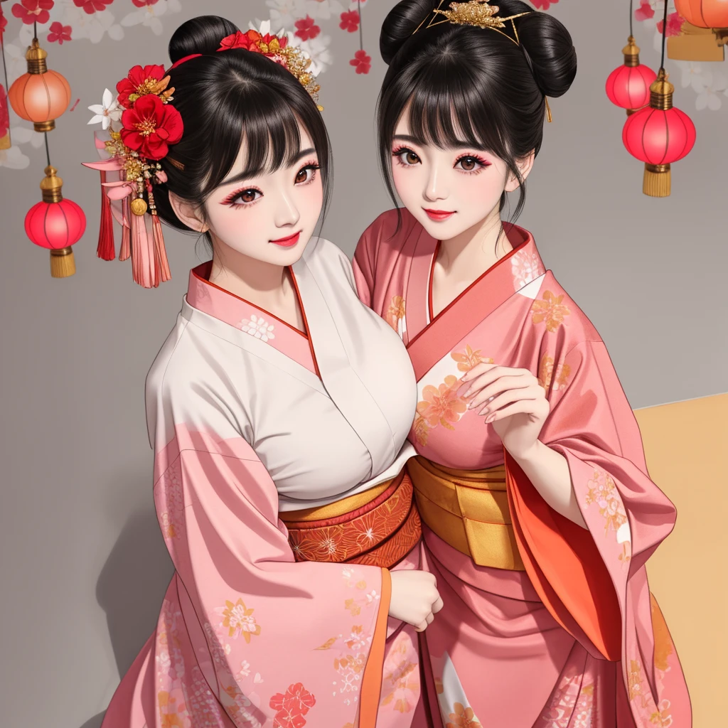 Each has a different expression２People and sisters、(２ girls）、｟Dancing traditional arts with grace)、((Big Breasts、Small Face、Not exposed))、Highest quality、masterpiece、（Black Hair、Bun Hair）、Brown Eyes、｟Wide angle、Angle from above the waist、雑誌の表紙のPause、Their gazes are different, staring into the distance｠、(８K High Quality、masterpiece、High resolution、Realistic and beautiful light and shadow、(Highest quality)、(High Resolution)、(Very delicate and beautiful)、(Beautiful 8k face)、(With a smile、Beautiful eyes)、(Clear skin)、(Soft hair)、(８Head to Body)、(A Japanese style yukata kimono with red, pink and orange floral patterns on a white background, interspersed with gold powder、Wearing a yukata２Beautiful Japanese girls)、((Tanabata decoration background))、((Small Face))、(arms up)、Thin and small nose、（Red lipstick）、（Make your cheeks red）、（Glossy skin）、((Ink painting style))、Very thin eyebrows、Overall ultra-high image quality、（She is wearing maiko-style makeup.）、Whitening、Long and beautiful eyelashes、Glowing Skin、（Red cheeks）,Straight nose、masterpiece、Highest quality、whole body、 Eyebrows visible through hair、Bun Hair、Grin、Gal、コGal、Viewer&#39;s Eyes、Plaid、Stylish、woman、fine、Pause、
Waiting to start 
