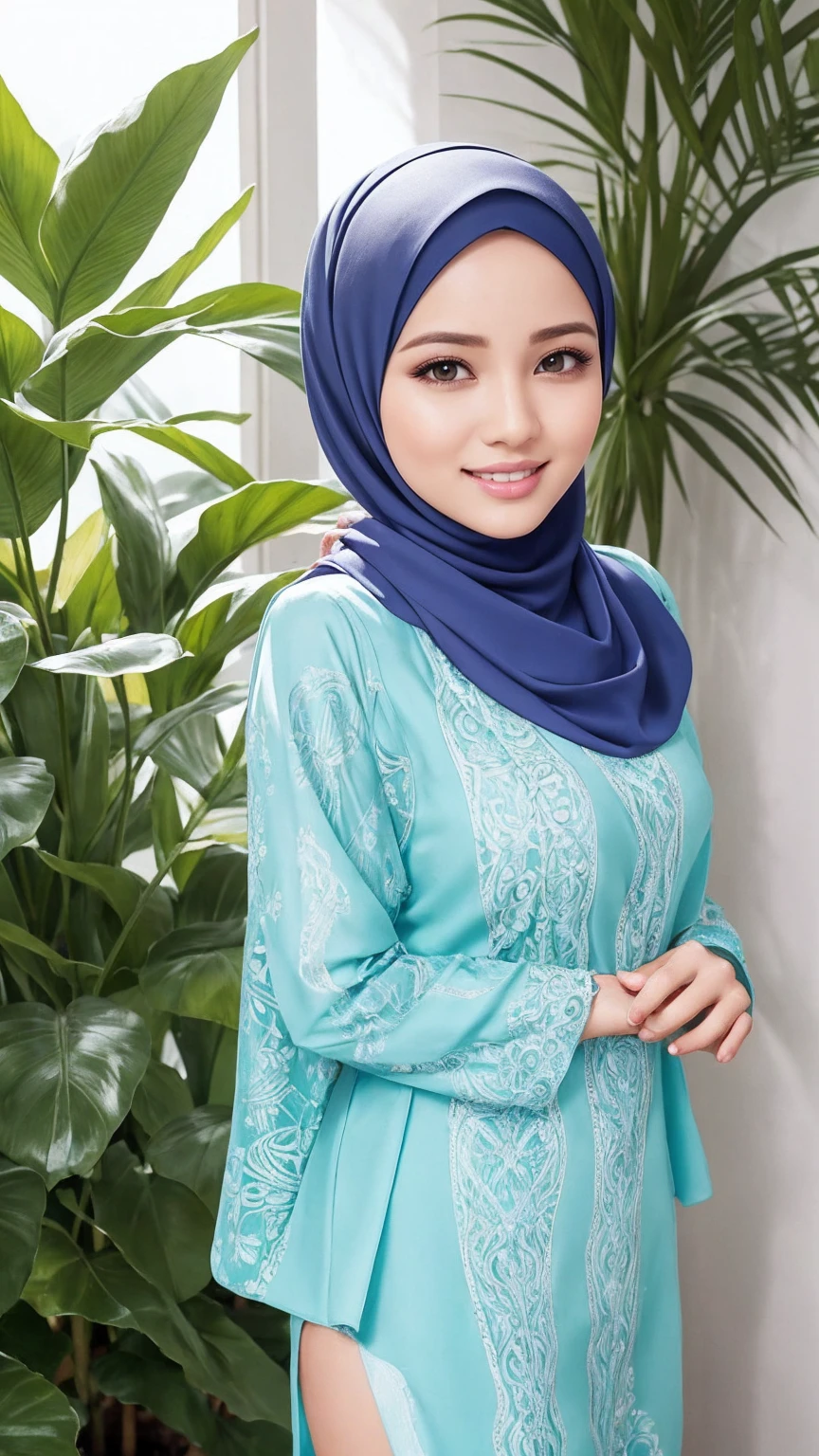 Create an ultra-realistic, photorealistic image of a 30-year-old Malaysian woman wearing a hijab. The woman should have a perfect body, glossy lips, big eyelashes with eyeliner, and double eyelids. The image should portray her in a modern chic hijab style with geometric patterns in pastel colors, accessorized with a brooch. The background should be a lush tropical garden, vibrant and green. The woman should be in a standing pose, smiling softly, looking to the side, with her hands gently touching the hijab. The overall style should be super cute with elements of surrealism integrated into the design. Ensure the lighting and textures are detailed to achieve a highly realistic and captivating effect