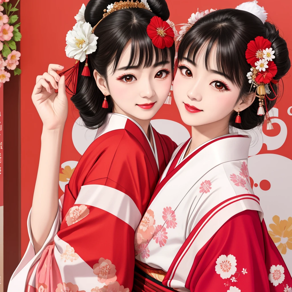 7 sisters, 7 girls with different faces and expressions, dancing gracefully, small faces, top quality, masterpieces, black hair, bun hair, wide angle, diagonally above the waist, magazine cover pose, 8K high resolution, Masterpiece, high resolution, realistic and beautiful light and shadow, top quality, high resolution, very delicate and beautiful, beautiful 8K face, smile and smile. Seven beautiful Japanese girls with eyes, transparent skin, soft hair, eight heads, Japanese style kimonos with red, pink and orange floral patterns on a white background, yukatas, small faces, thin and small noses, red lipstick , glossy skin, very thin eyebrows, overall super high resolution, Maiko-style makeup, fair skin, long and beautiful eyelashes, glossy skin, red cheeks, holding a flower hat prop in one hand, dance, Kasa Odori, Kasanihi Odori, Japan Dance, festival, movie poster style
