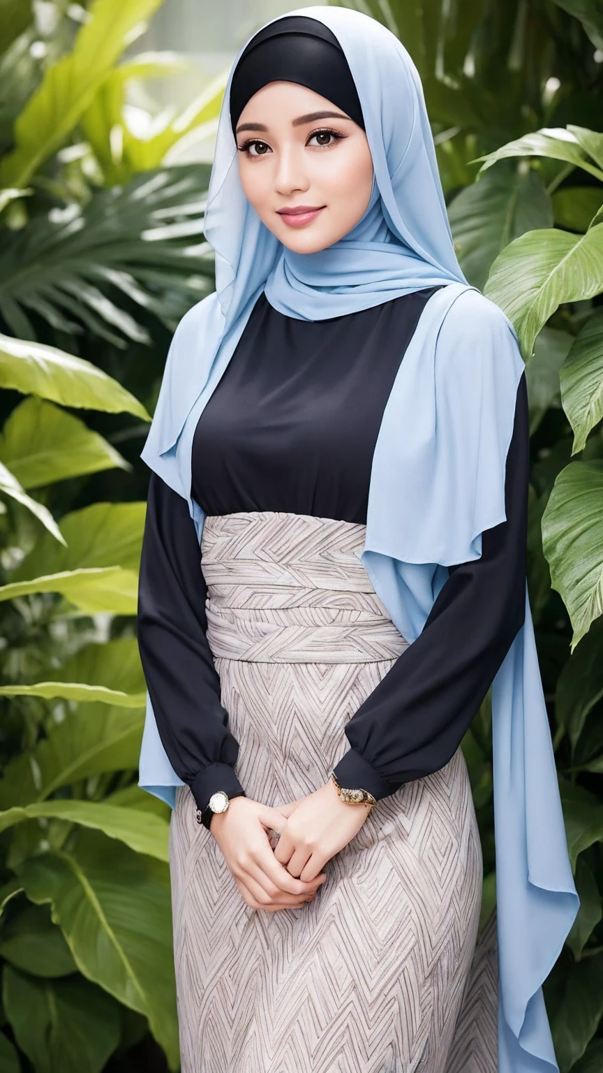 Create an ultra-realistic, photorealistic image of a 30-year-old Malaysian woman wearing a hijab. The woman should have a perfect body, glossy lips, big eyelashes with eyeliner, and double eyelids. The image should portray her in a modern chic hijab style with geometric patterns in pastel colors, accessorized with a brooch. The background should be a lush tropical garden, vibrant and green. The woman should be in a standing pose, smiling softly, looking to the side, with her hands gently touching the hijab. The overall style should be super cute with elements of surrealism integrated into the design. Ensure the lighting and textures are detailed to achieve a highly realistic and captivating effect