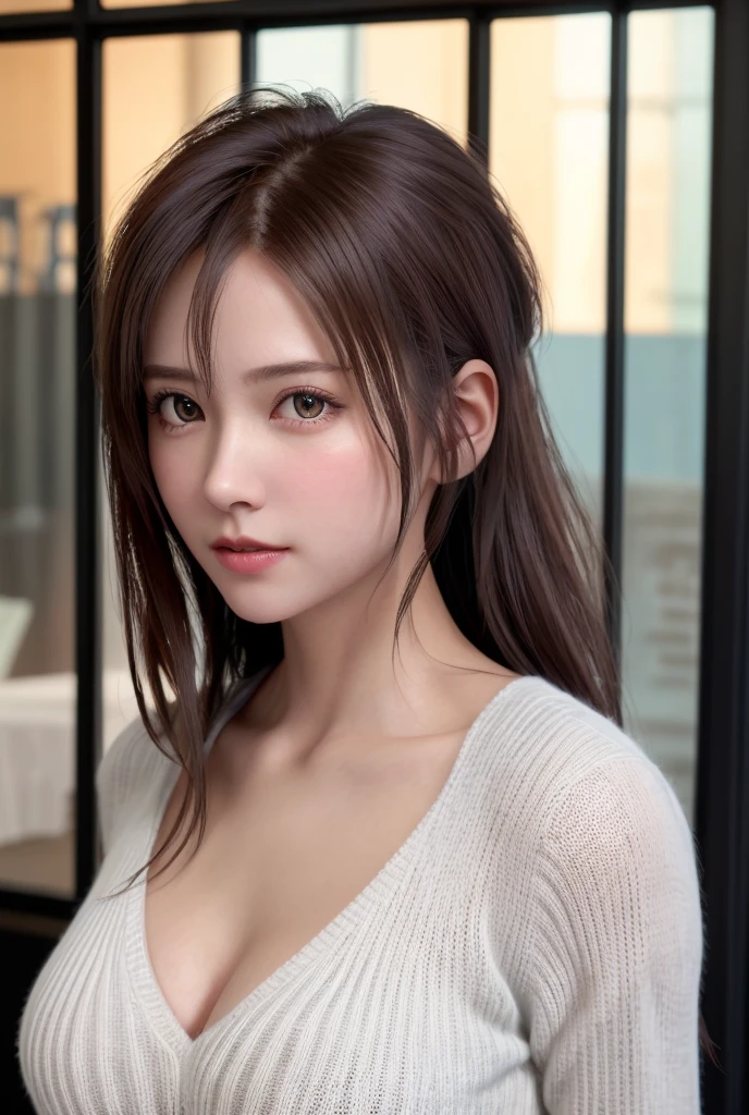 8K, of the highest quality, masutepiece:1.2), (Realistic, Photorealsitic:1.37), of the highest quality, masutepiece, Beautiful young woman, Pensive expression,、A charming、and an inviting look, Oversized knitwear、cleavage of the breast, Hair tied back, Cinematic background, Light skin tone