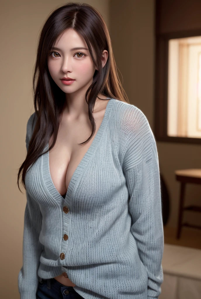 8K, of the highest quality, masutepiece:1.2), (Realistic, Photorealsitic:1.37), of the highest quality, masutepiece, Beautiful young woman, Pensive expression,、A charming、and an inviting look, Oversized knitwear、cleavage of the breast, Hair tied back, Cinematic background, Light skin tone