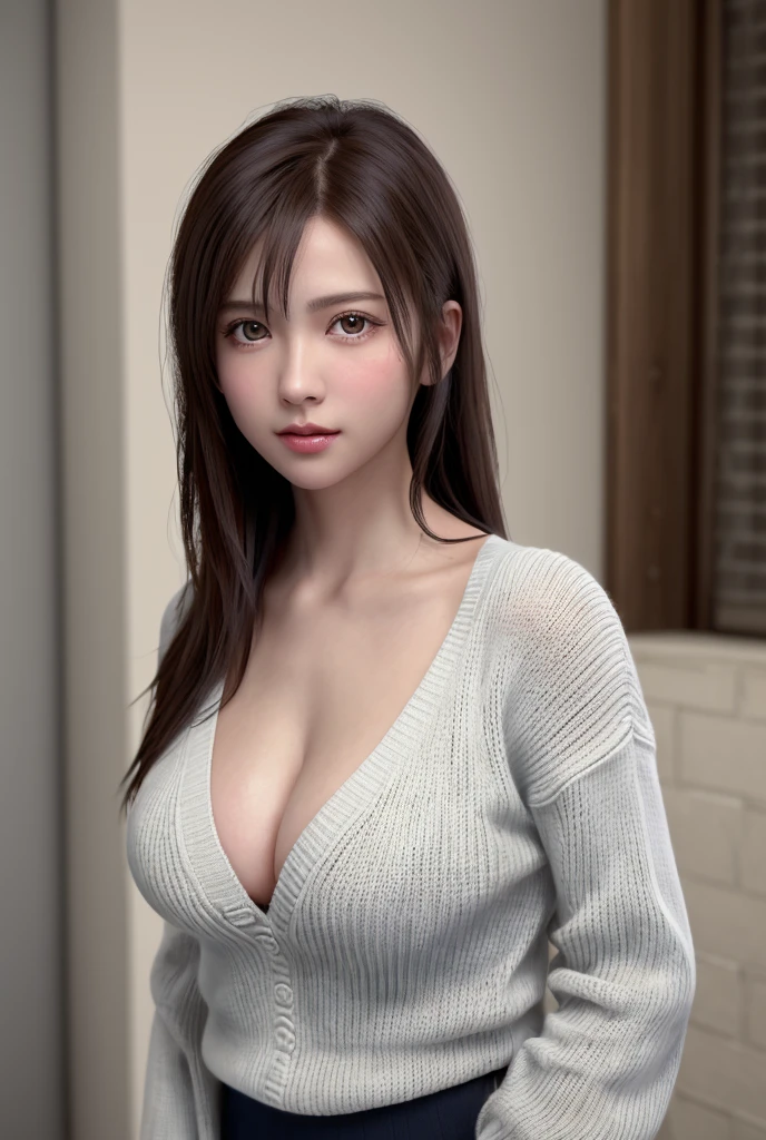 8K, of the highest quality, masutepiece:1.2), (Realistic, Photorealsitic:1.37), of the highest quality, masutepiece, Beautiful young woman, Pensive expression,、A charming、and an inviting look, Oversized knitwear、cleavage of the breast, Hair tied back, Cinematic background, Light skin tone