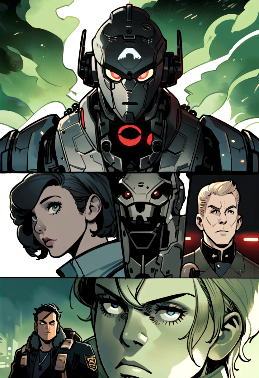 Mecha的特写镜头, Official Character Art, Official character illustrations, Adam Hughes, Character Art Close-up,Full body image, Detailed character art, Meticulous portraits of people, Comic cover art by Phil Noto, leave, Spy x , Full color illustrations, ,Cyberpunk,Non-human,Mecha,Clear details,8K,Clear and detailed,dynamic,monochrome,Comic Style,Marvel