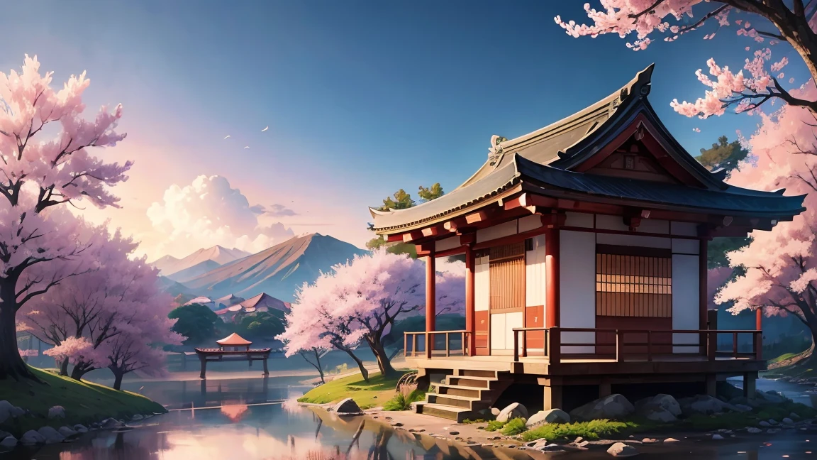 Beautiful shrine scenery, cherry blossoms, loose, anime Background Art, Japanese Art Style, Beautiful anime scene, Detailed Landscape - Width 672, Background Art, Anime scenery, Anime Background, Beautiful anime scenery, Beautiful peaceful scene in anime, Landscape painting, Japanese Village, Anime scenery concept art, 8K))