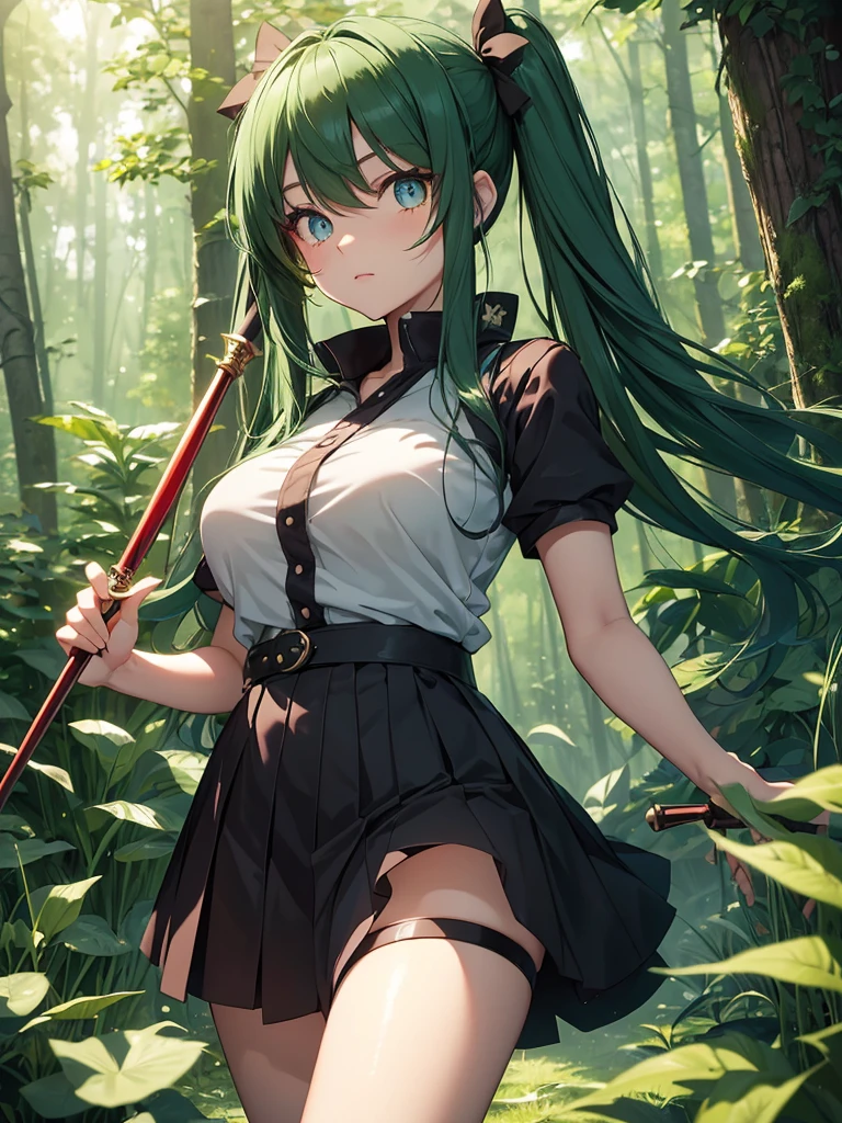 midnight forest view, solo, 1 girl, 16yo, highschool girl, short sleeve, holding a rapier, dark green hair, twintails, red eyes, (beautiful face and beautiful eyes:1.36), plump body