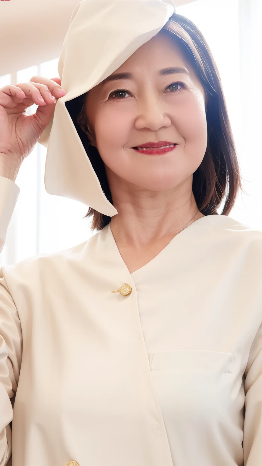 60-year-old female, Soft headlight,High-density imaging,(Clean and delicate face),((White suit)),((Various dynamic poses)),((((Half-length photo)))),((White curtains in the background)),best quality,masterpiece,(Soft colors:1.2)