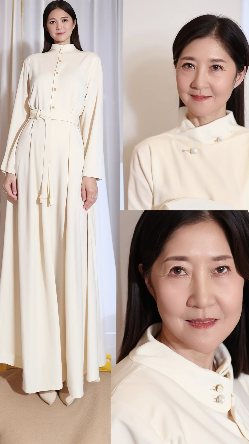 60-year-old female, Soft headlight,High-density imaging,(Clean and delicate face),((White suit)),((Various dynamic poses)),((((Half-length photo)))),((White curtains in the background)),best quality,masterpiece,(Soft colors:1.2)