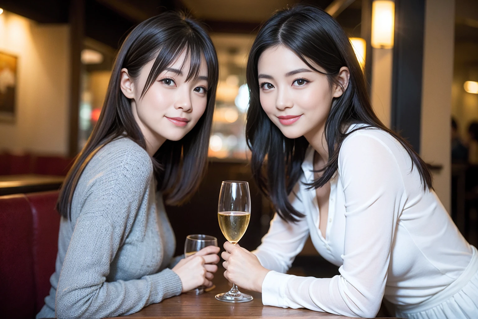 ((Highest quality、8K、masterpiece:1.3))、Sharp focus:1.2、Beautiful woman perfect body:1.4、slimなボディ、((Bob Hale、Straight hair:1.2))、(to be born, Highest quality, masterpiece:1.5), (Realistic, Intricate details:1.2), Ultra-high resolution, Facial Lighting、Amazing view of the sunset sky and clouds、Amazing mountain views、ニコニコ明るいsmile、wine glass、red wine 、Appetizers、Italian food、Wine bottle、Champagne、sparkling wine、, Beautiful Face, blue eyes, The light shines on your face, Blushing, short hair,Bright Face、Fox face、 (36 years old), 39 years old, Lady、Two beauties、Brown Hair、Shortcuts、Long sleeve shirt、dress、Beautiful woman 1, (slimな顔), (The body is slim), (Brown Hair), (Shortcuts), cheeks turn a little red,Attractive beauty、, Out of the window, Beautiful and detailed night view.........., restaurant, In a prominent place (From the waist up) Nova Frog Style, actress, model, Upper Body, White wine, slim, wine glass, 真ん中に置かれたwine glass, smile, (smile: 1.15), Beautiful fine grain, Depth f/2,saturation, High Contrast, Strong light and shadow,Moist Body:1.5、3D texture、Delicate eyes、Brown Hair、The hair is very shiny、